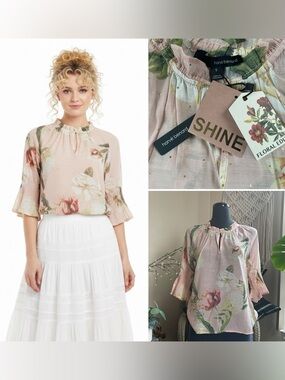 Pink Floral Ruffle Tie-Neck Blouse with Gold Accent